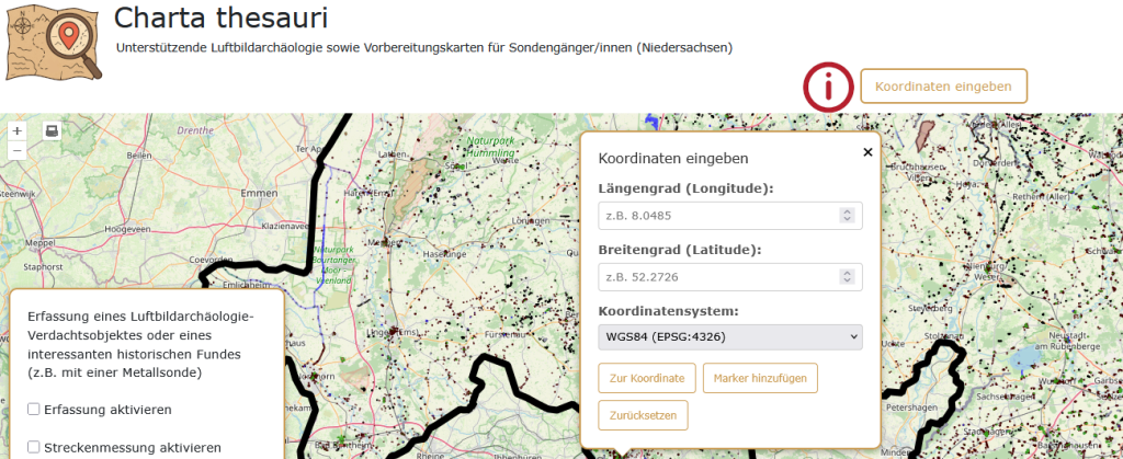 Koordinateneingabe auf Charta thesauri
